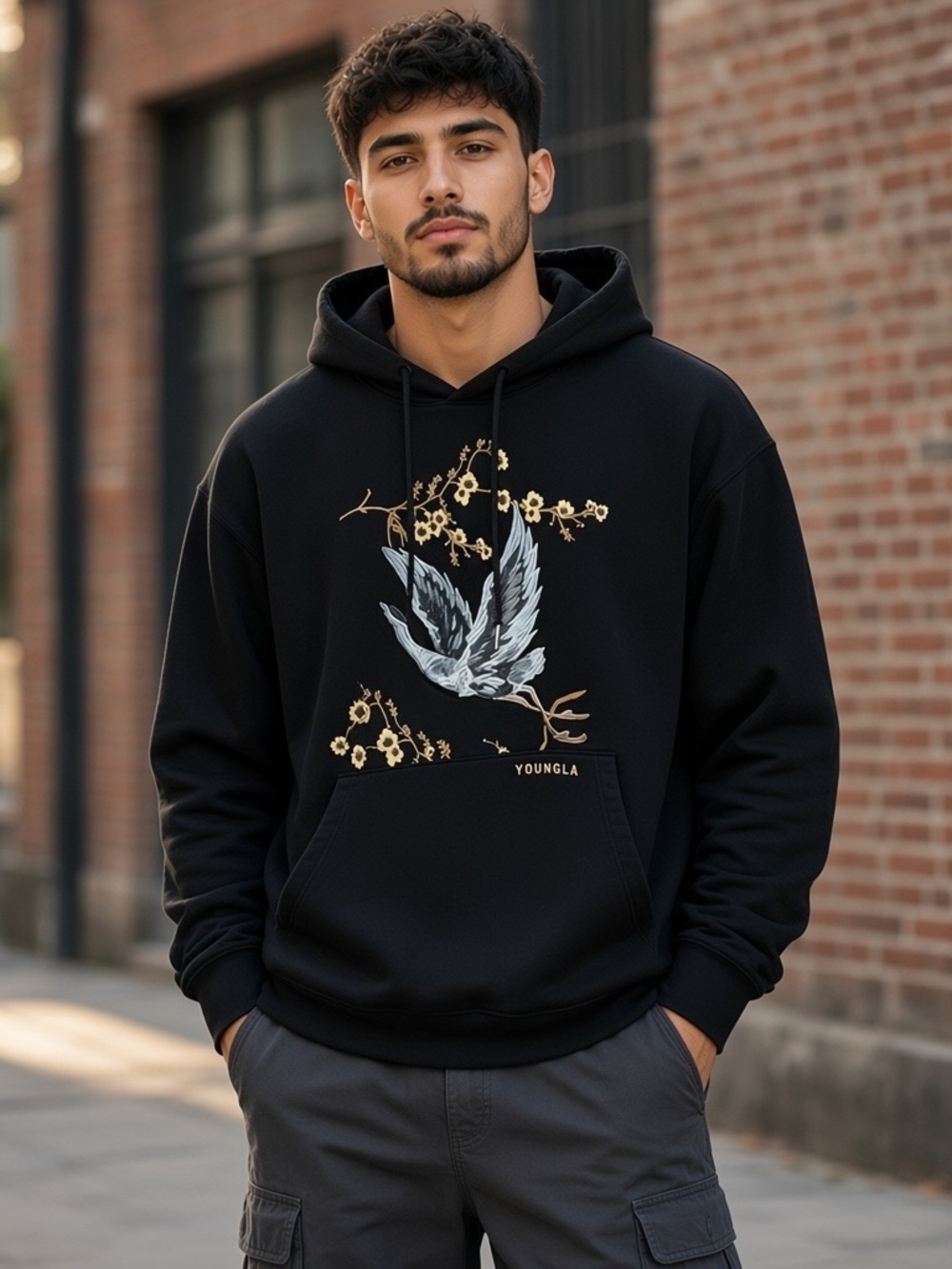 Youngla Men's Black Graphic Hoodie with Bird & Floral Design